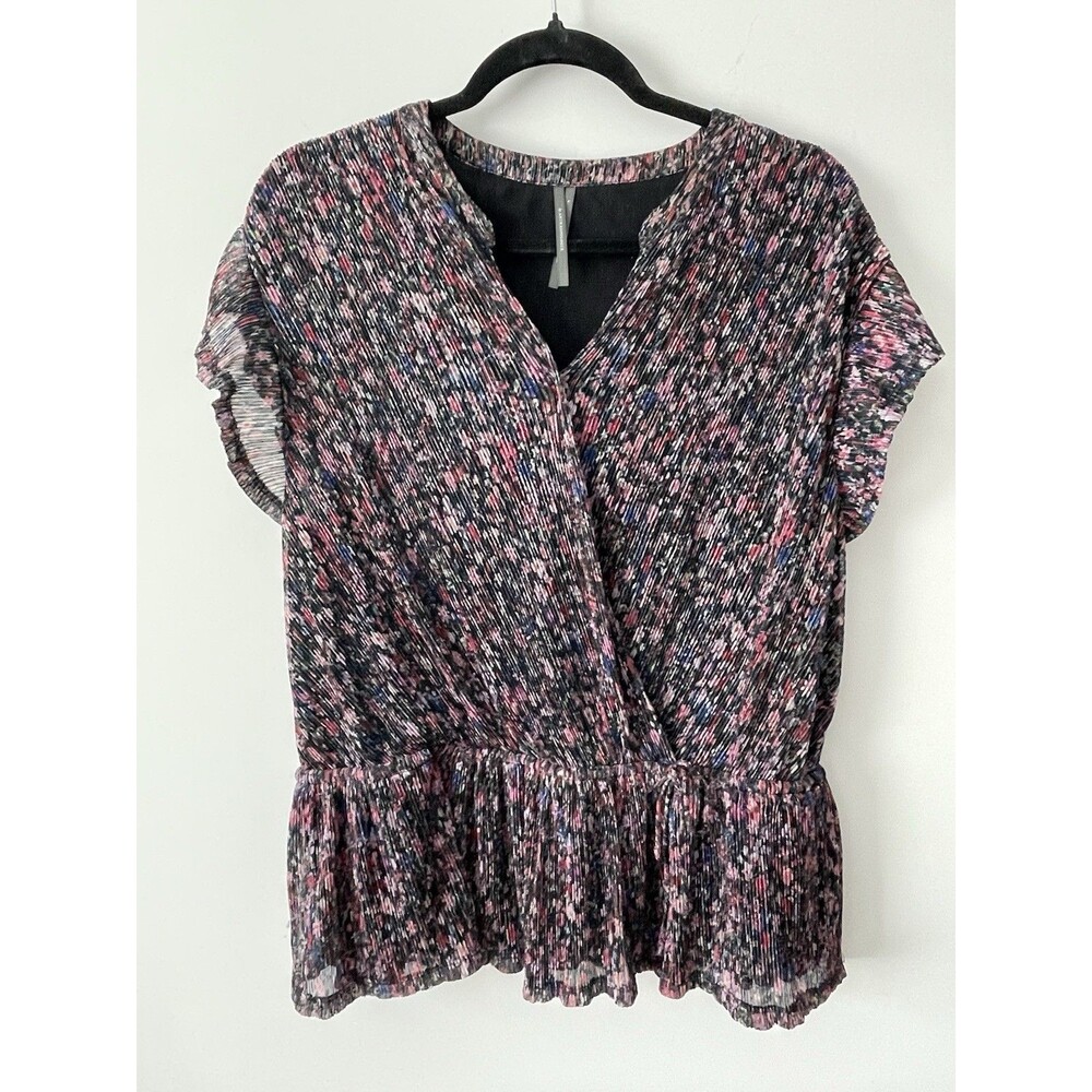Anthropologie Dionne Metallic Ditsy Floral Large Faux Wrap Peplum Date Night
